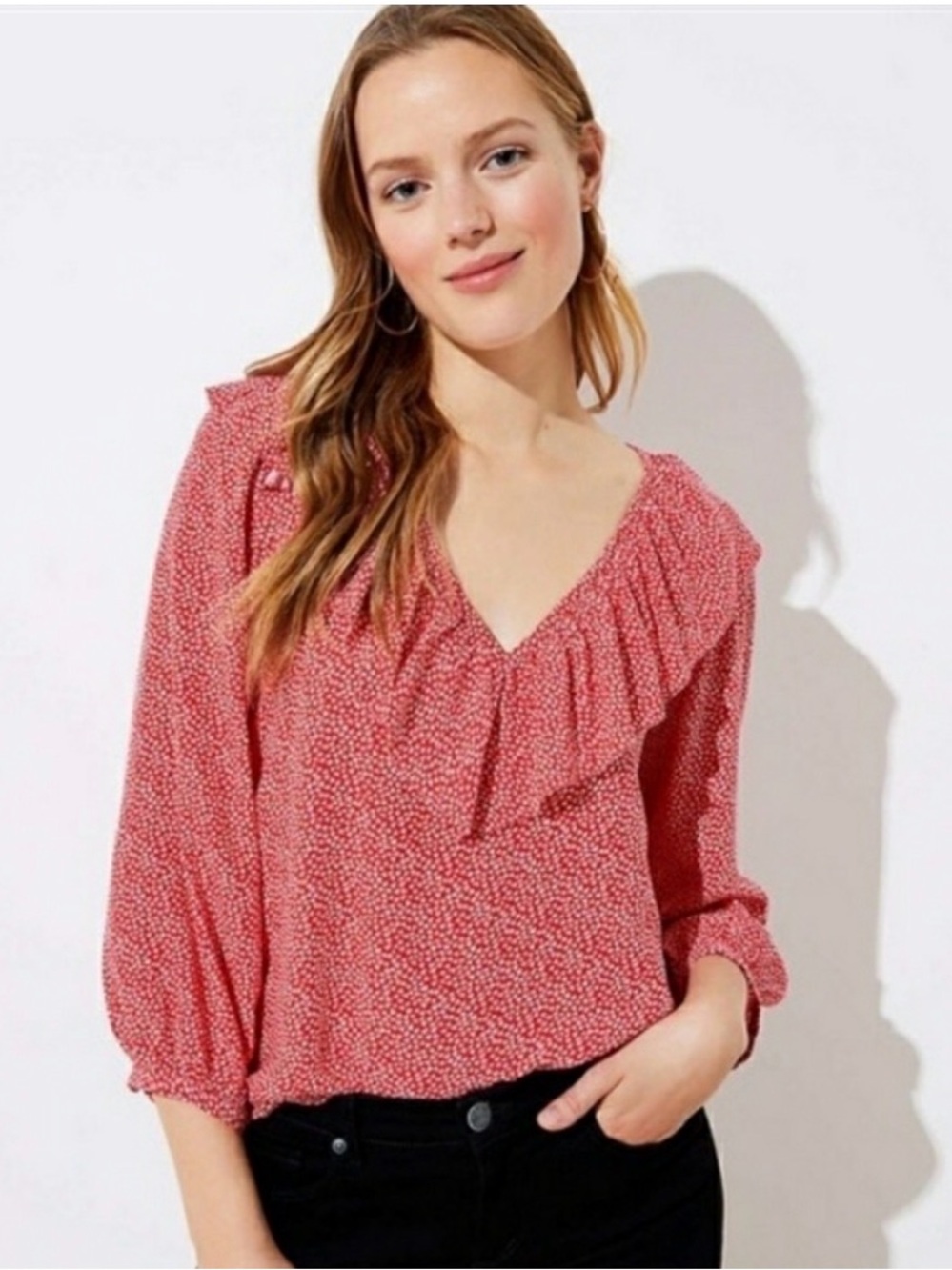 LOFT Red and White Heart Ruffle Top